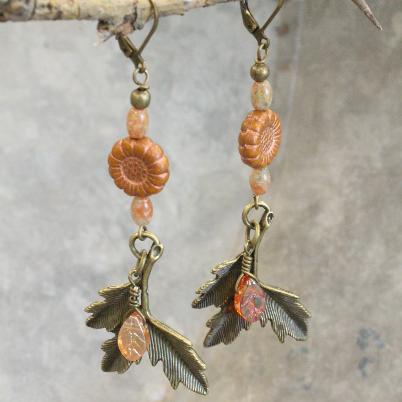 Bronze Leaves With Czech Sunflower Dangle Drop Earrings