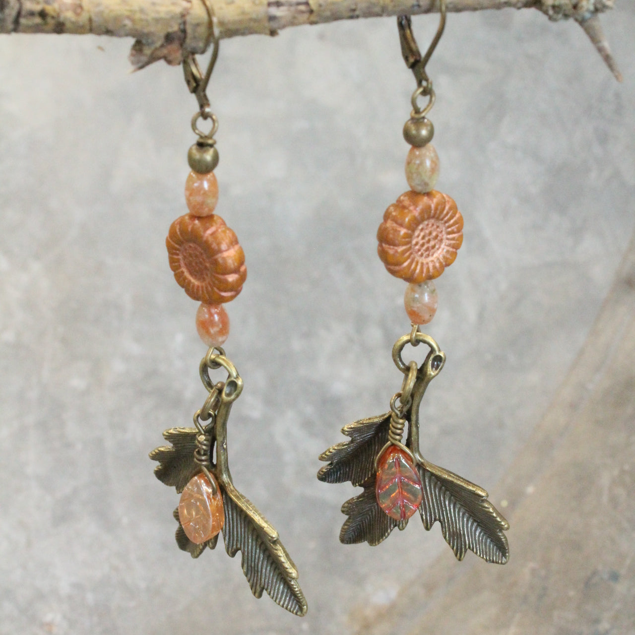 Bronze Leaves With Czech Sunflower Dangle Drop Earrings