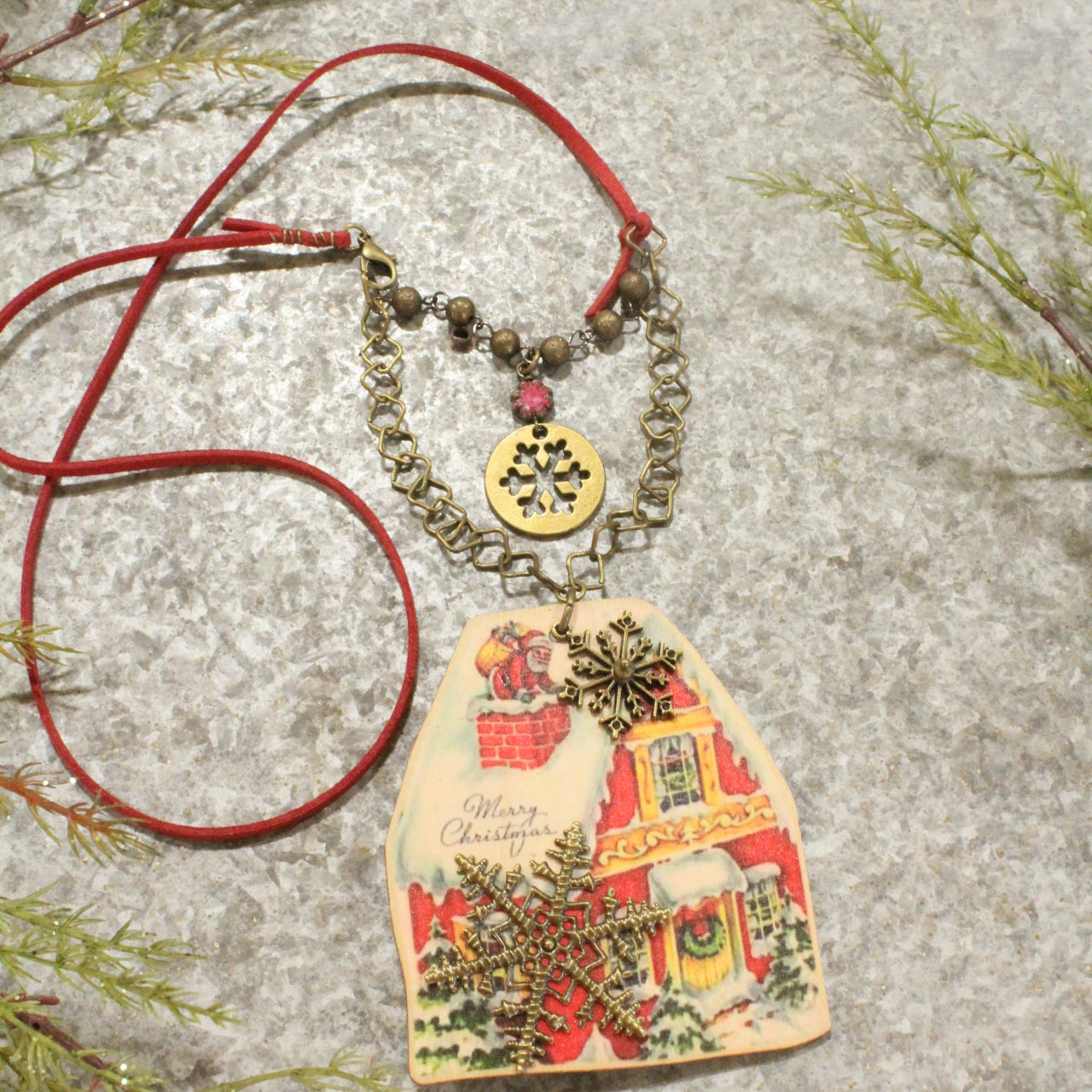 The Night Before Christmas W/Snow Falling Layered Pendant Necklace