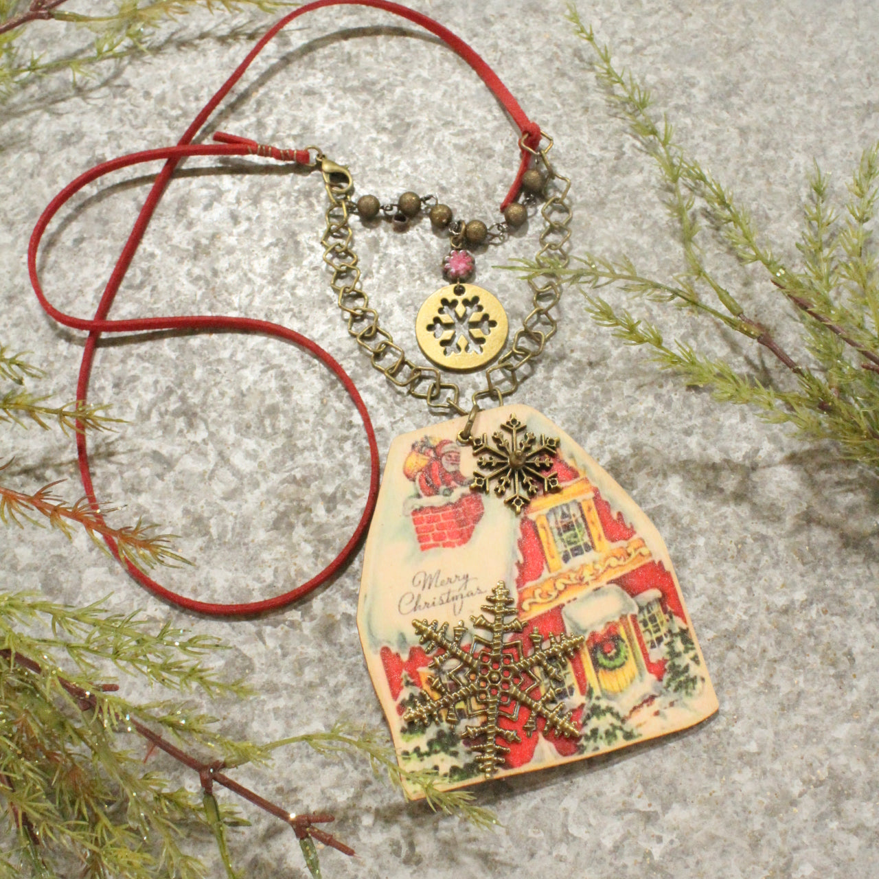 The Night Before Christmas W/Snow Falling Layered Pendant Necklace