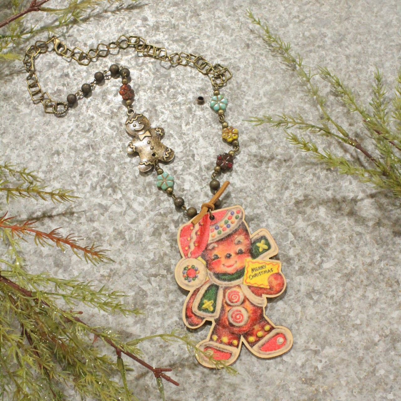 Bronze Czech Rosary Chain & "You Can't Catch" The Gingerbread Man Pendant Necklace