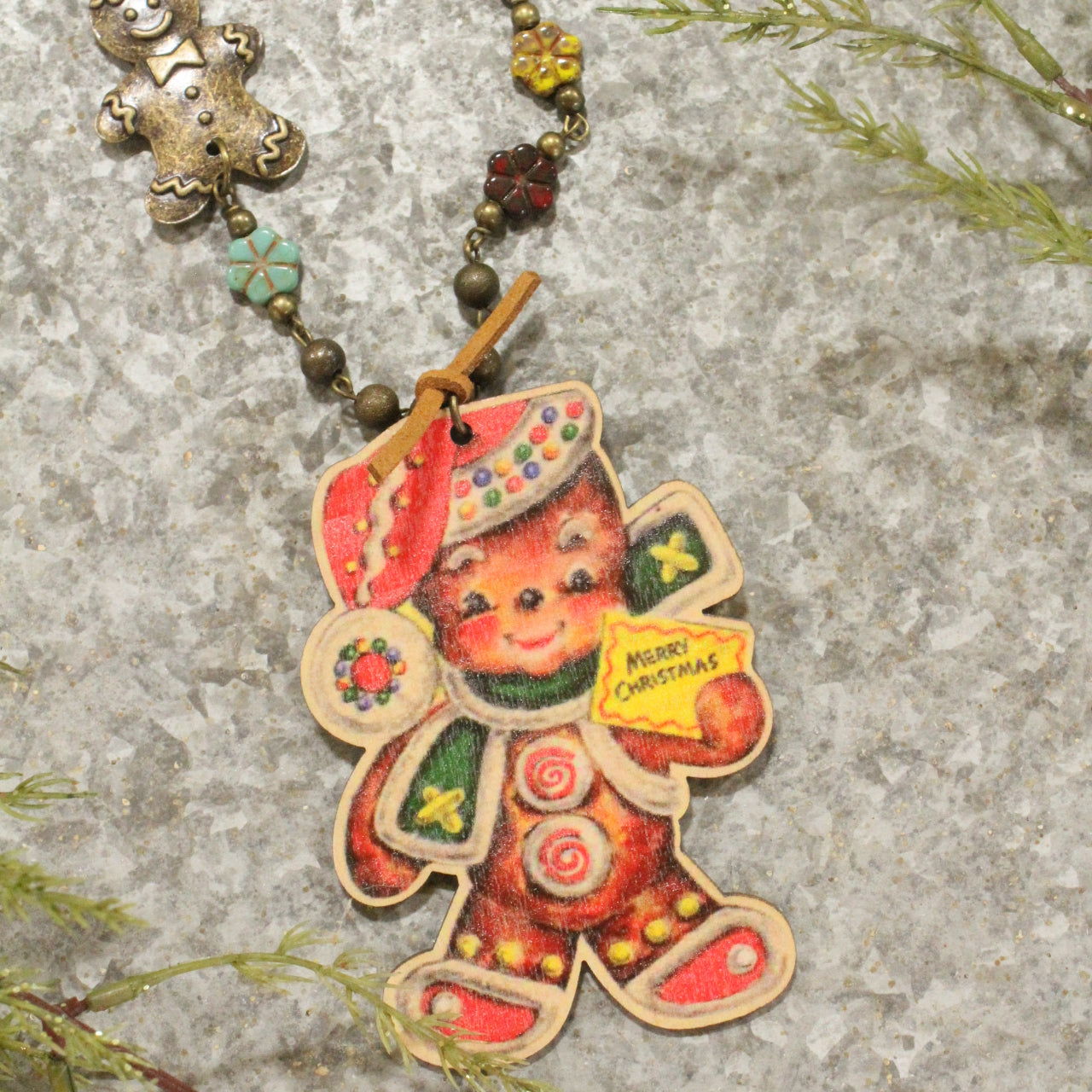 Bronze Czech Rosary Chain & "You Can't Catch" The Gingerbread Man Pendant Necklace