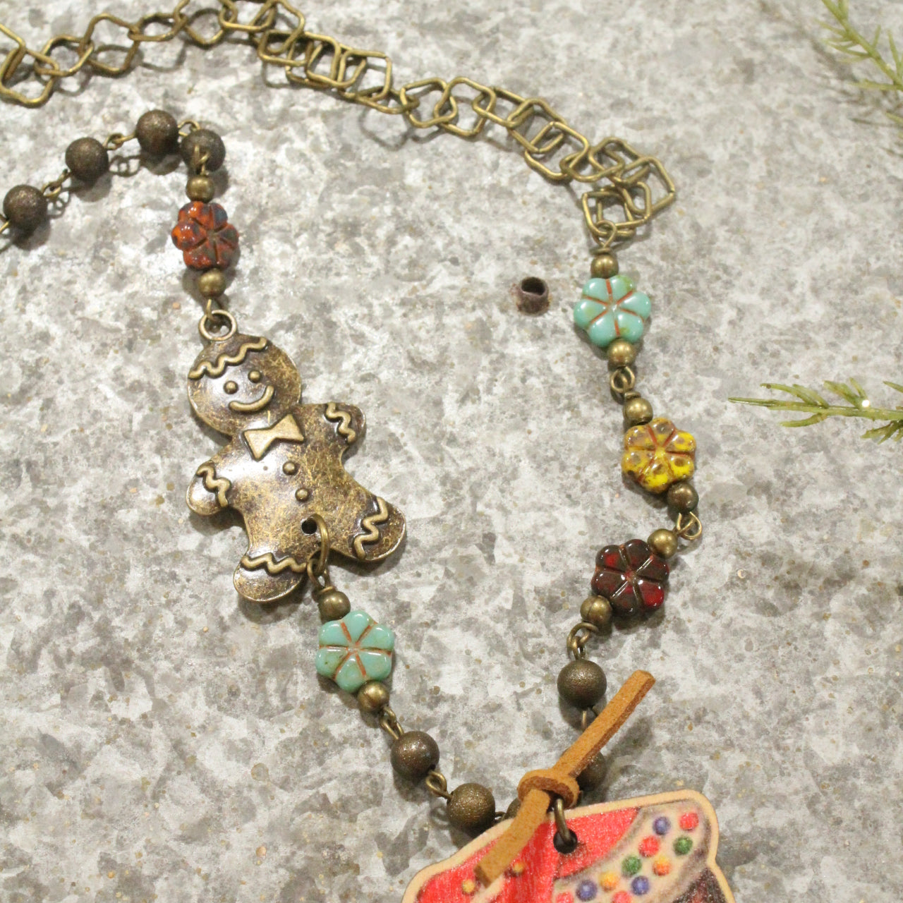 Bronze Czech Rosary Chain & "You Can't Catch" The Gingerbread Man Pendant Necklace