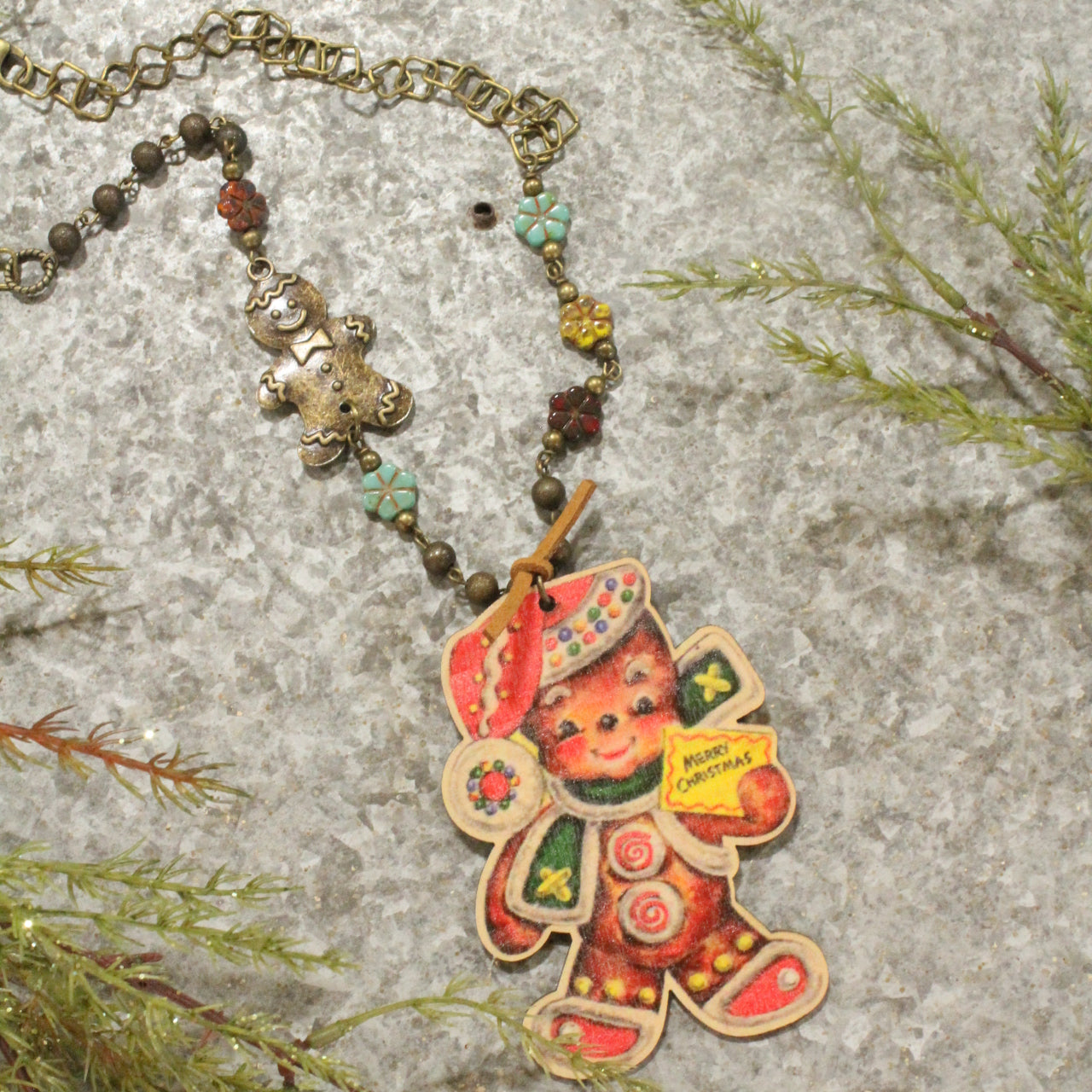 Bronze Czech Rosary Chain & "You Can't Catch" The Gingerbread Man Pendant Necklace