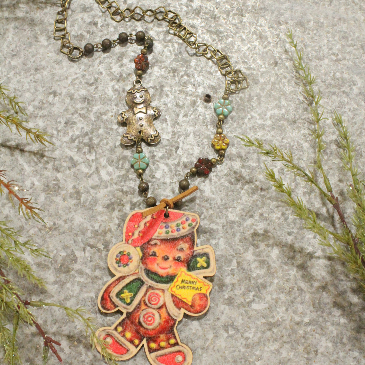 Bronze Czech Rosary Chain & "You Can't Catch" The Gingerbread Man Pendant Necklace