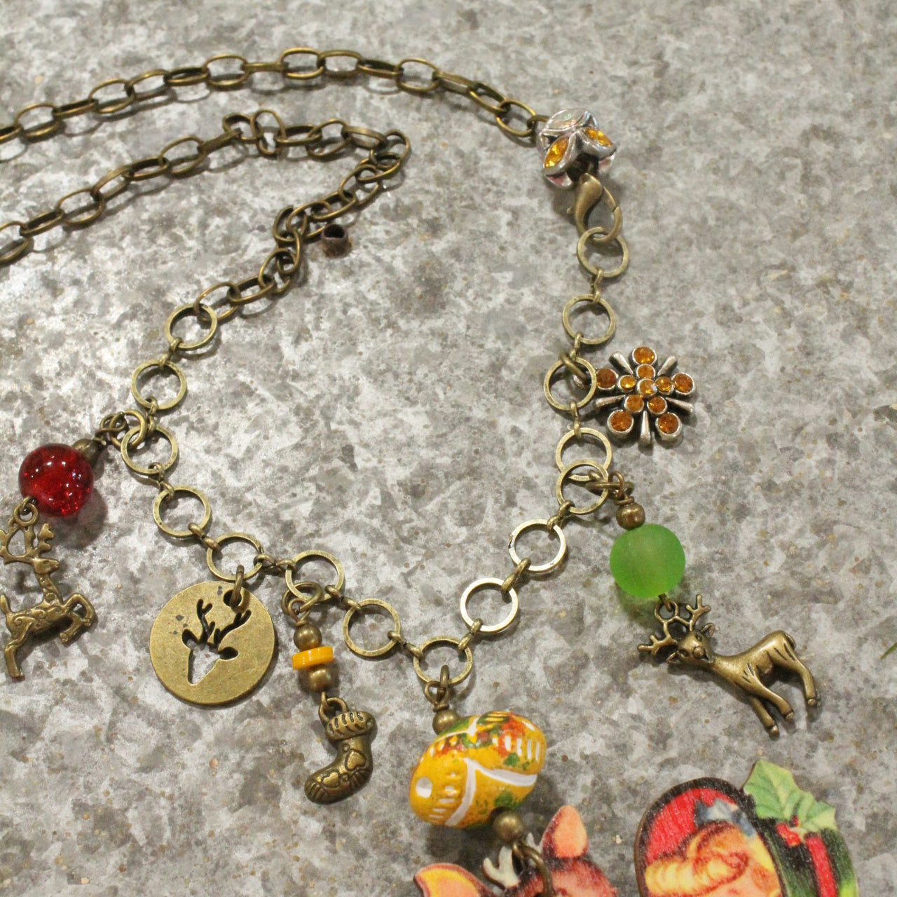 Bronze Charm Chain W/ Vintage Lil' Girl & Her Reindeer Pendant Necklace