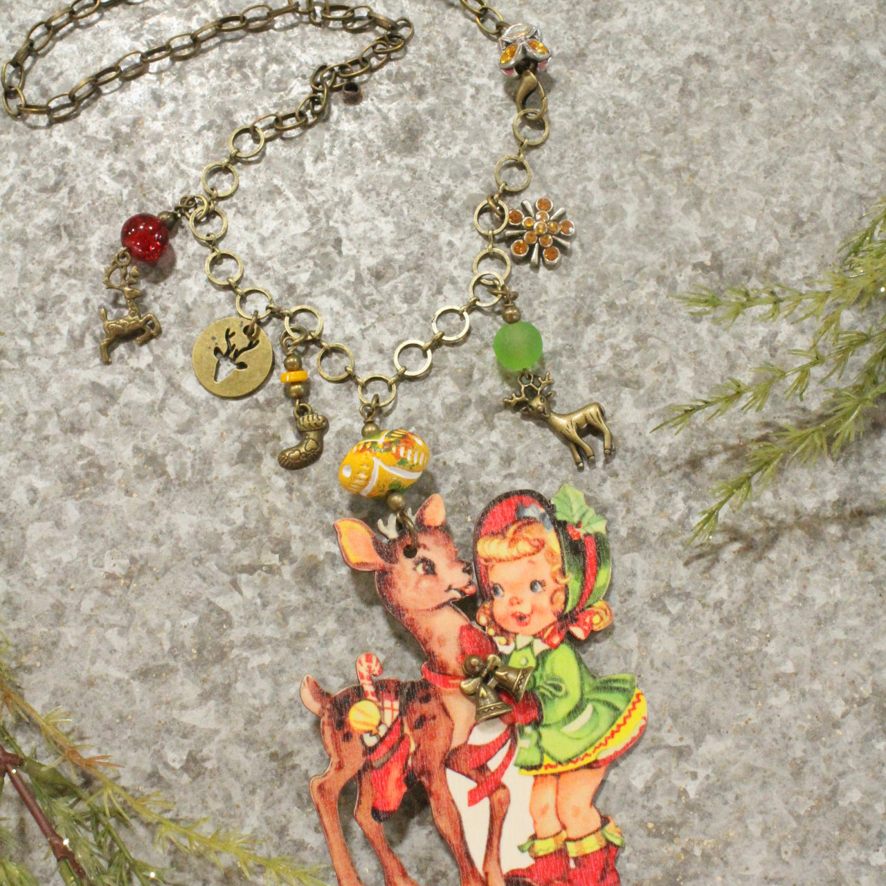 Bronze Charm Chain W/ Vintage Lil' Girl & Her Reindeer Pendant Necklace