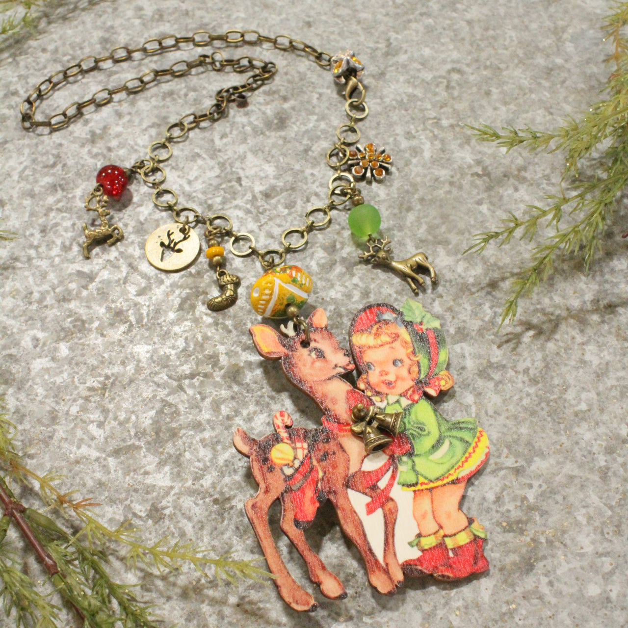 Bronze Charm Chain W/ Vintage Lil' Girl & Her Reindeer Pendant Necklace