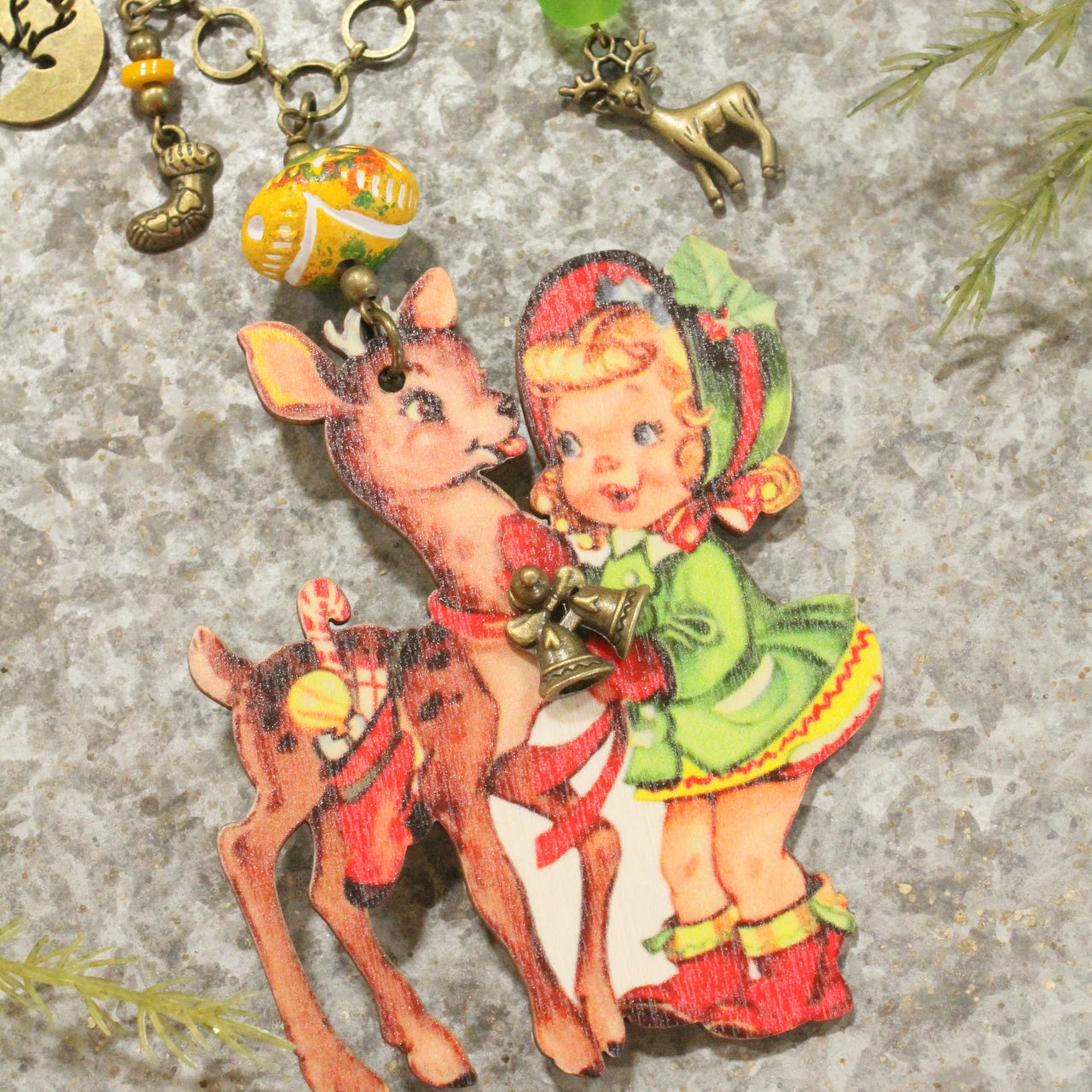 Bronze Charm Chain W/ Vintage Lil' Girl & Her Reindeer Pendant Necklace