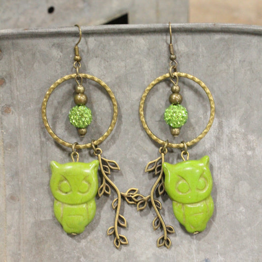 Wise Ole Owl Lime Dangle Earrings