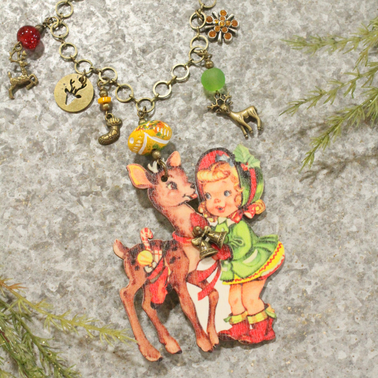 Bronze Charm Chain W/ Vintage Lil' Girl & Her Reindeer Pendant Necklace