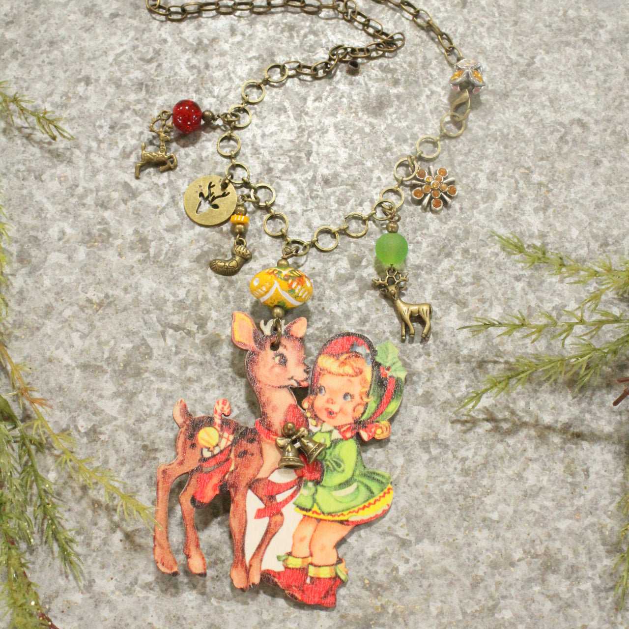 Bronze Charm Chain W/ Vintage Lil' Girl & Her Reindeer Pendant Necklace