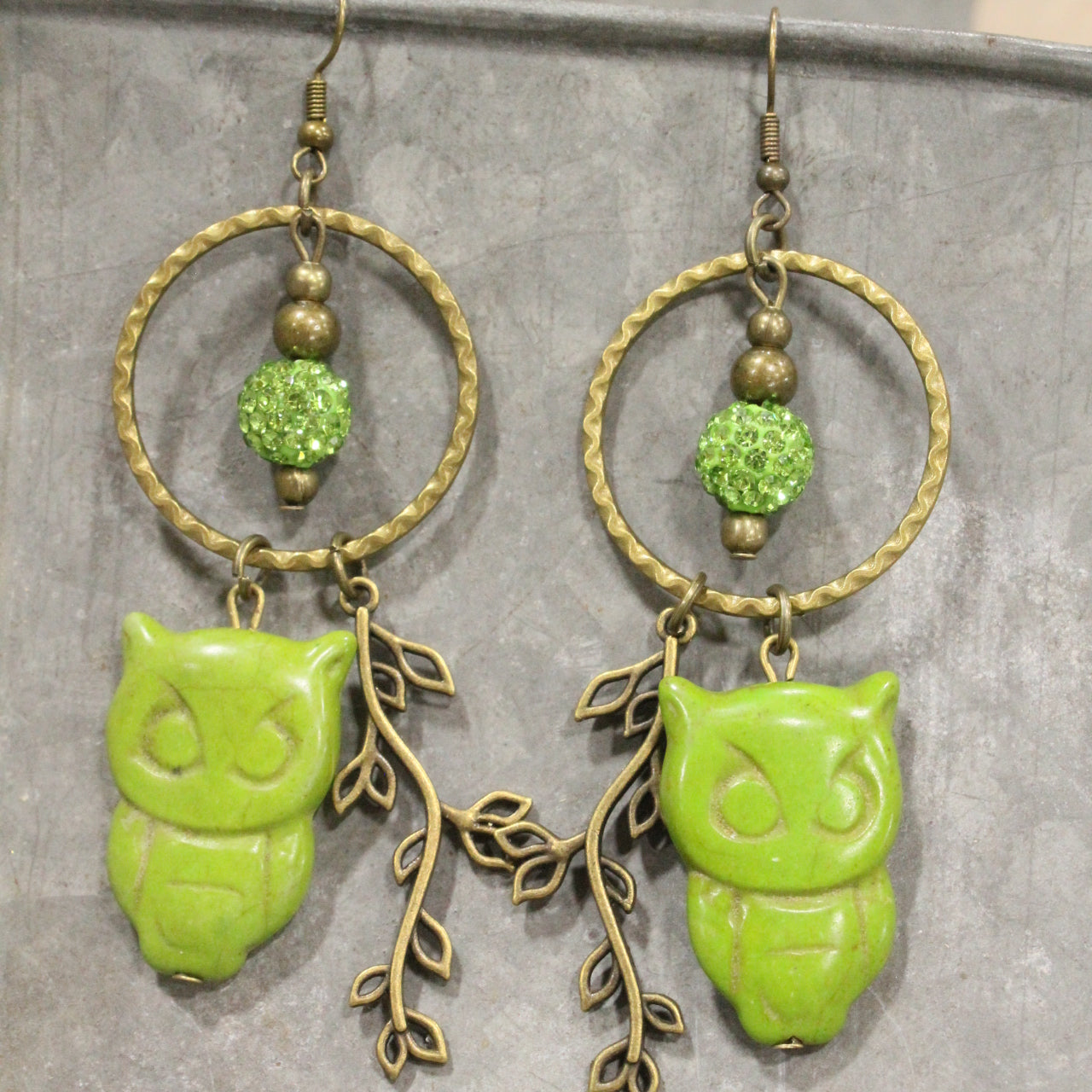 Wise Ole Owl Lime Dangle Earrings