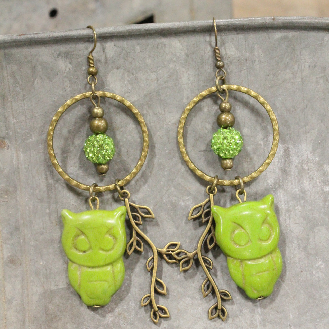 Wise Ole Owl Lime Dangle Earrings