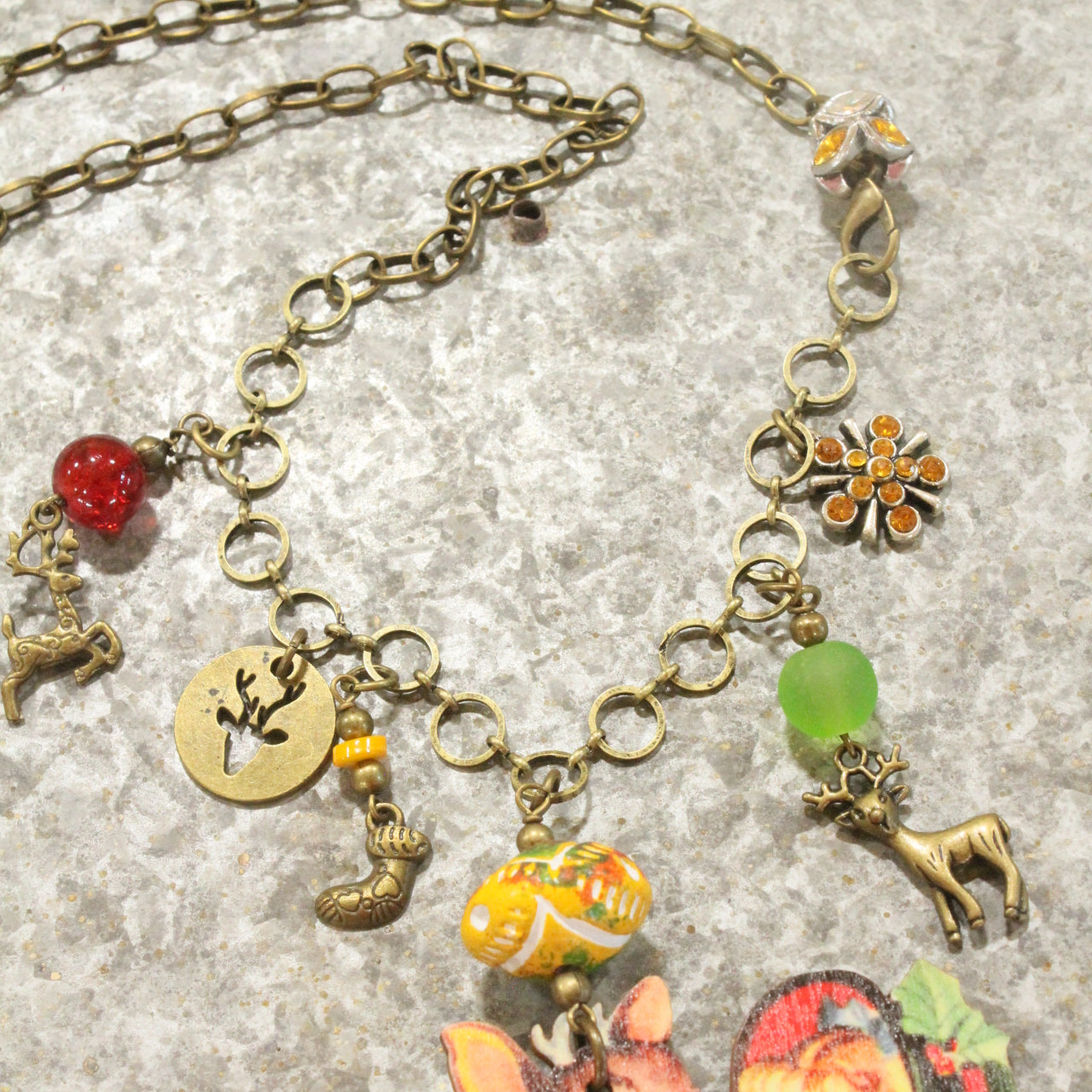 Bronze Charm Chain W/ Vintage Lil' Girl & Her Reindeer Pendant Necklace