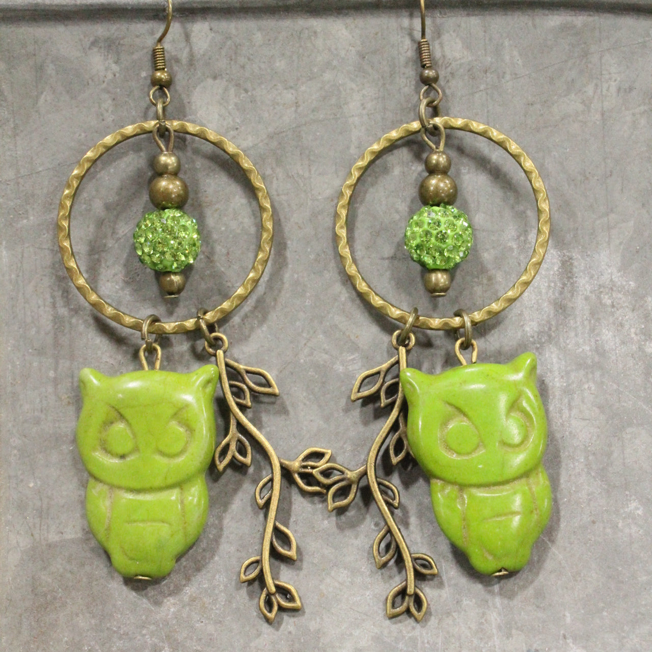 Wise Ole Owl Lime Dangle Earrings