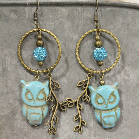 Wise Ole Owl Turquoise Dangle Earrings