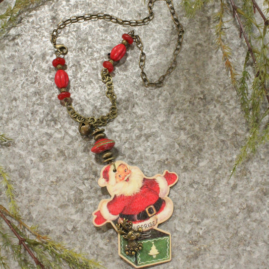 Vintage Santa In A Box & Recycled Bead Accents Pendant Necklace