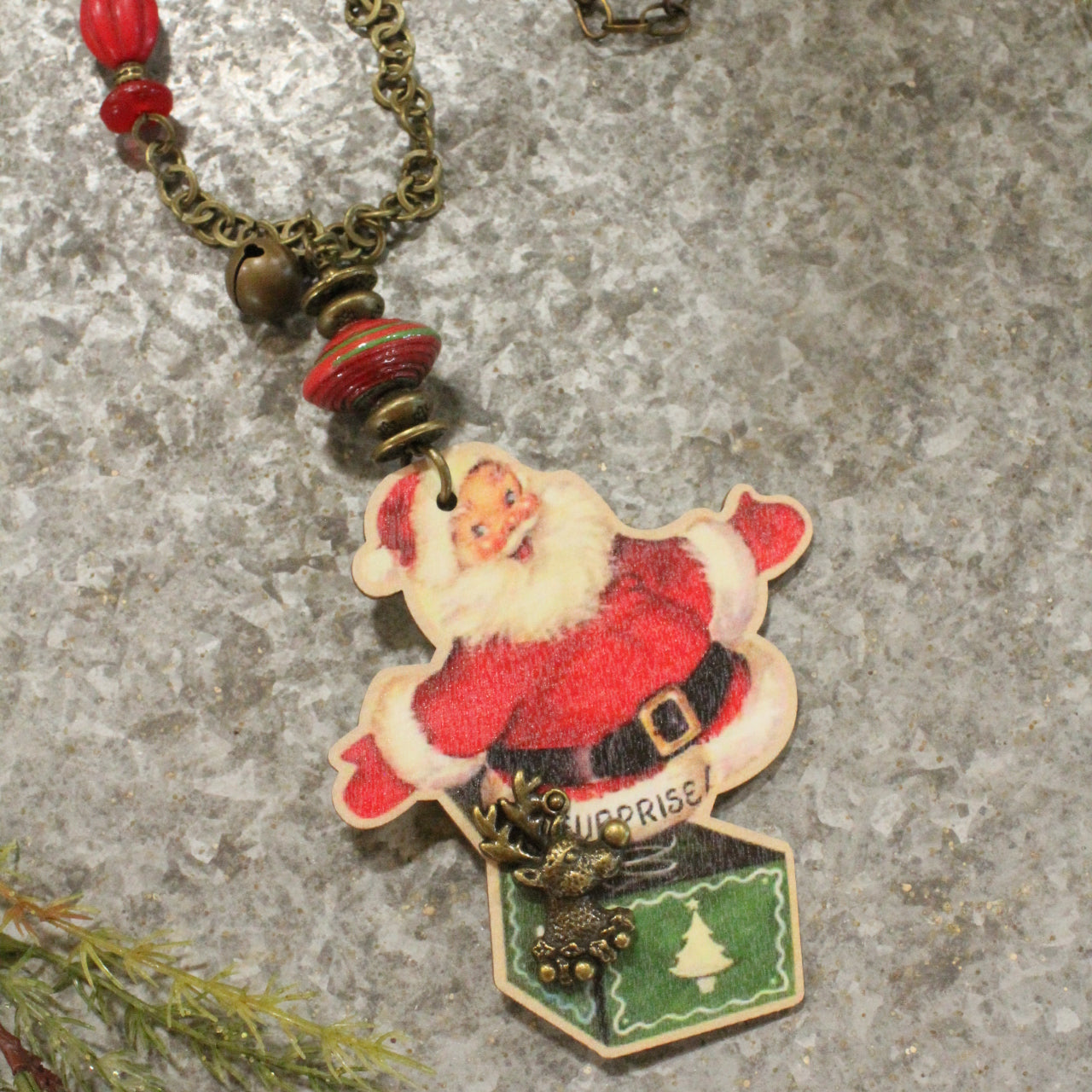 Vintage Santa In A Box & Recycled Bead Accents Pendant Necklace