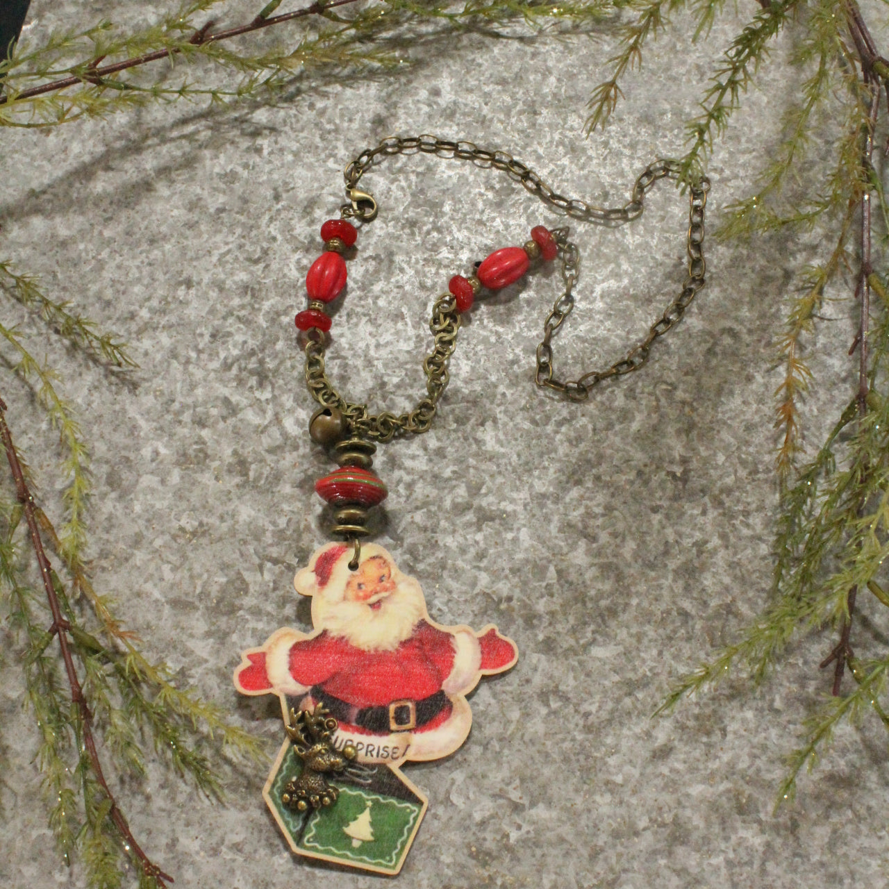 Vintage Santa In A Box & Recycled Bead Accents Pendant Necklace