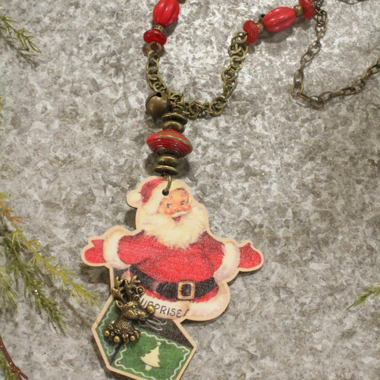 Vintage Santa In A Box & Recycled Bead Accents Pendant Necklace