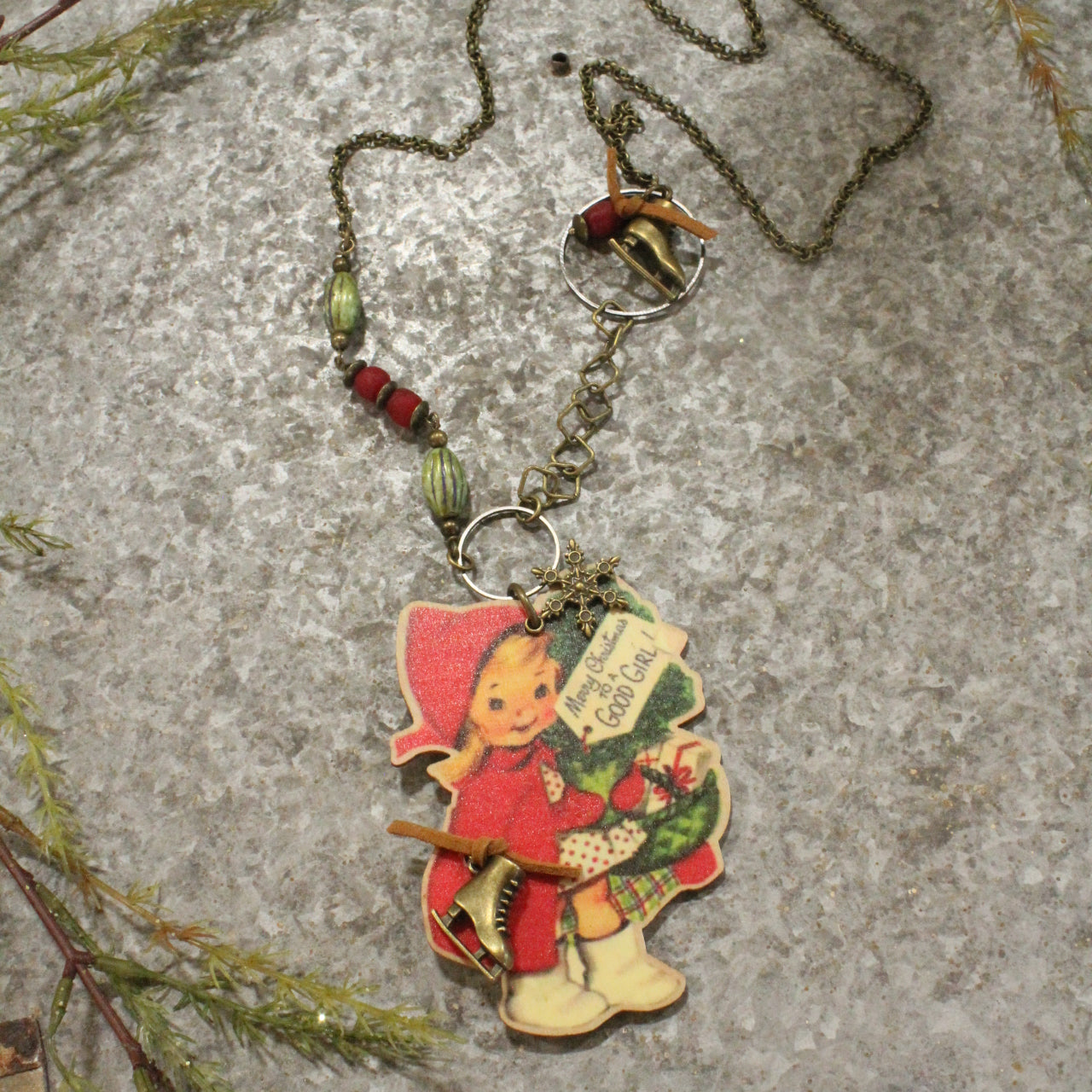 Vintage Girl W/Ice Skates & Czech Glass Pendant Necklace