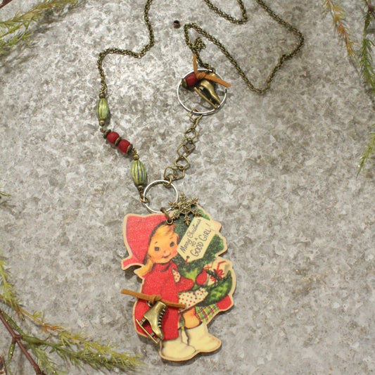 Vintage Girl W/Ice Skates & Czech Glass Pendant Necklace