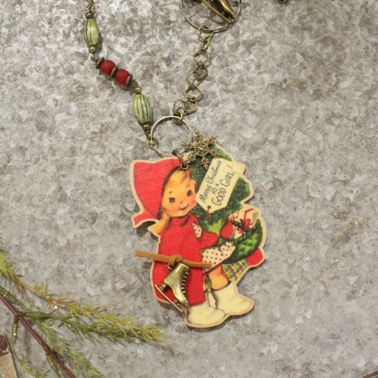 Vintage Girl W/Ice Skates & Czech Glass Pendant Necklace