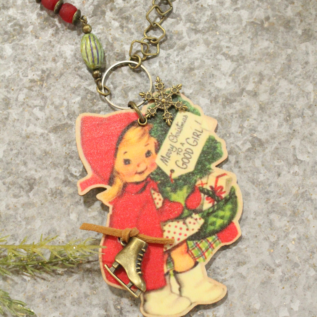 Vintage Girl W/Ice Skates & Czech Glass Pendant Necklace