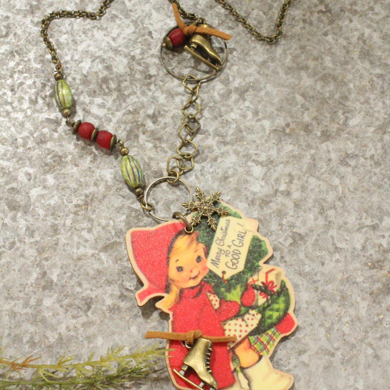 Vintage Girl W/Ice Skates & Czech Glass Pendant Necklace