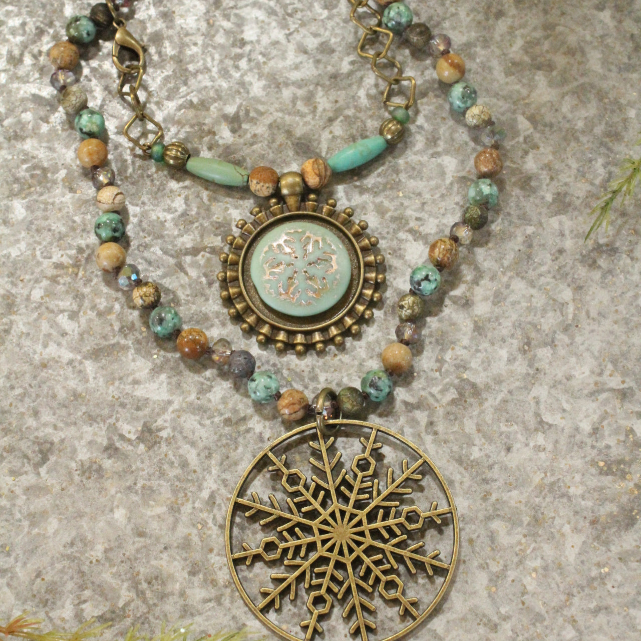 Bronze & Czech Stone Snowflake Layered Beaded Pendant Necklace