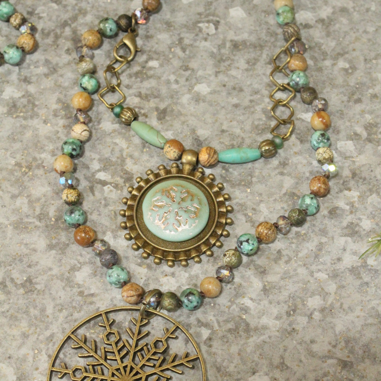 Bronze & Czech Stone Snowflake Layered Beaded Pendant Necklace