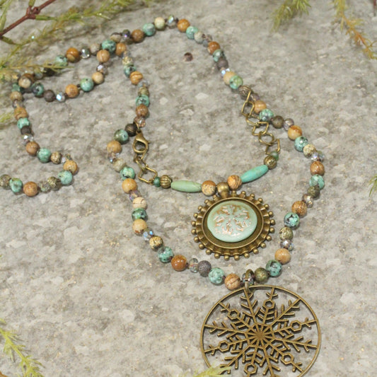 Bronze & Czech Stone Snowflake Layered Beaded Pendant Necklace