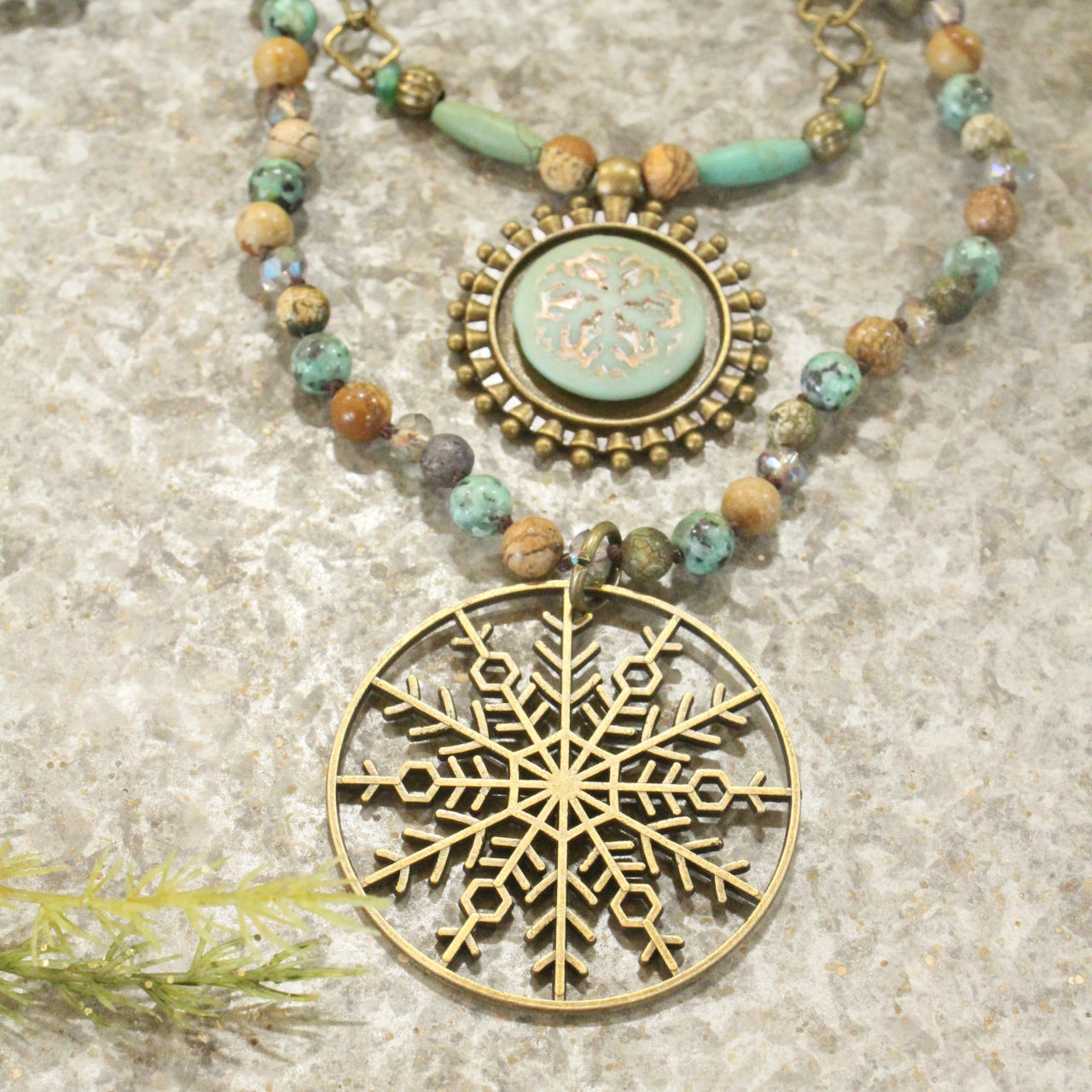 Bronze & Czech Stone Snowflake Layered Beaded Pendant Necklace