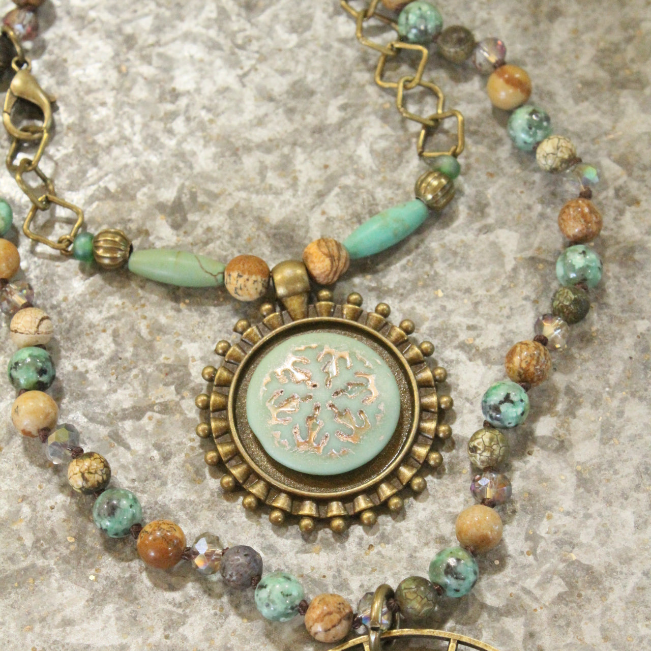 Bronze & Czech Stone Snowflake Layered Beaded Pendant Necklace