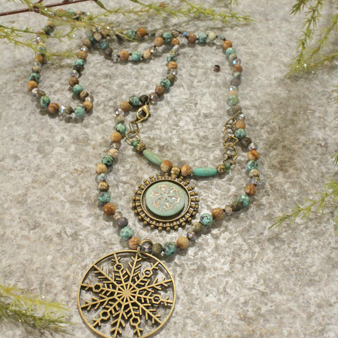 Bronze & Czech Stone Snowflake Layered Beaded Pendant Necklace