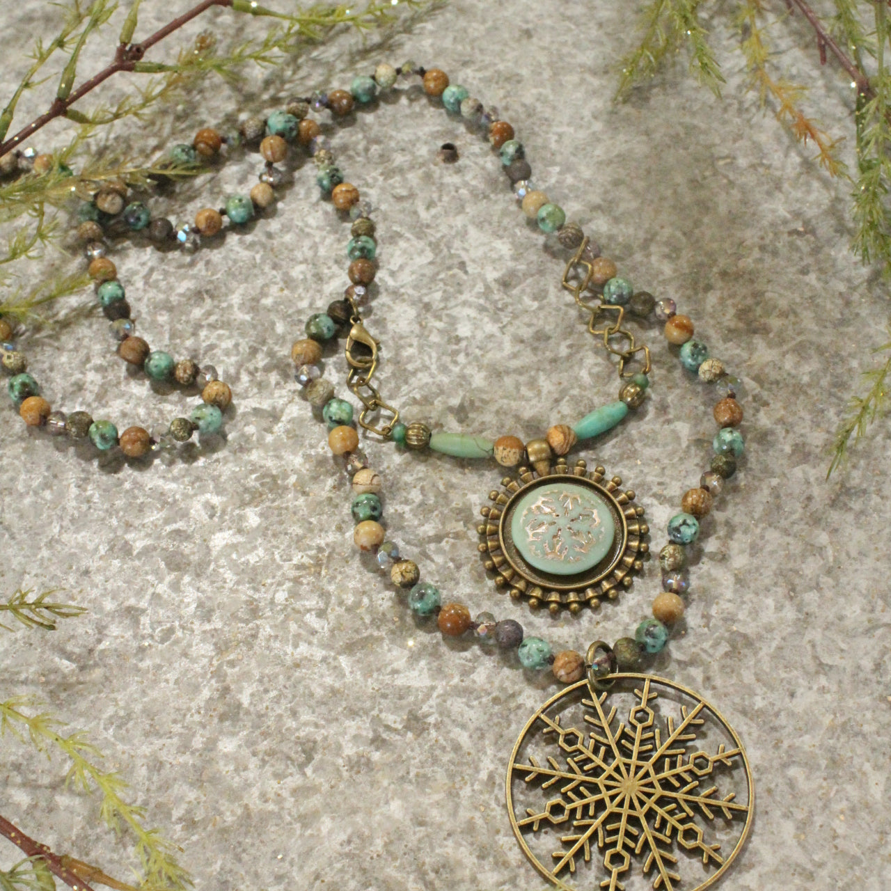 Bronze & Czech Stone Snowflake Layered Beaded Pendant Necklace