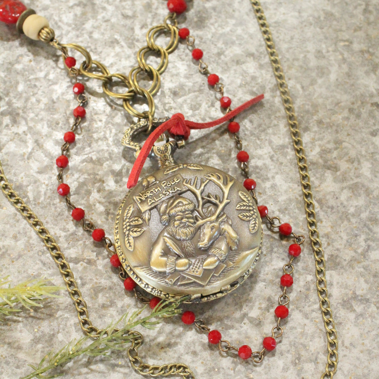 Bronze "Working" Pocket Watch Santa & His Deer Layered Pendant Necklace