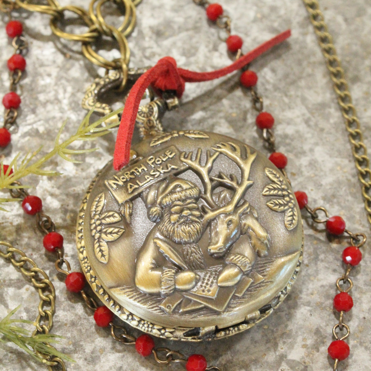 Bronze "Working" Pocket Watch Santa & His Deer Layered Pendant Necklace