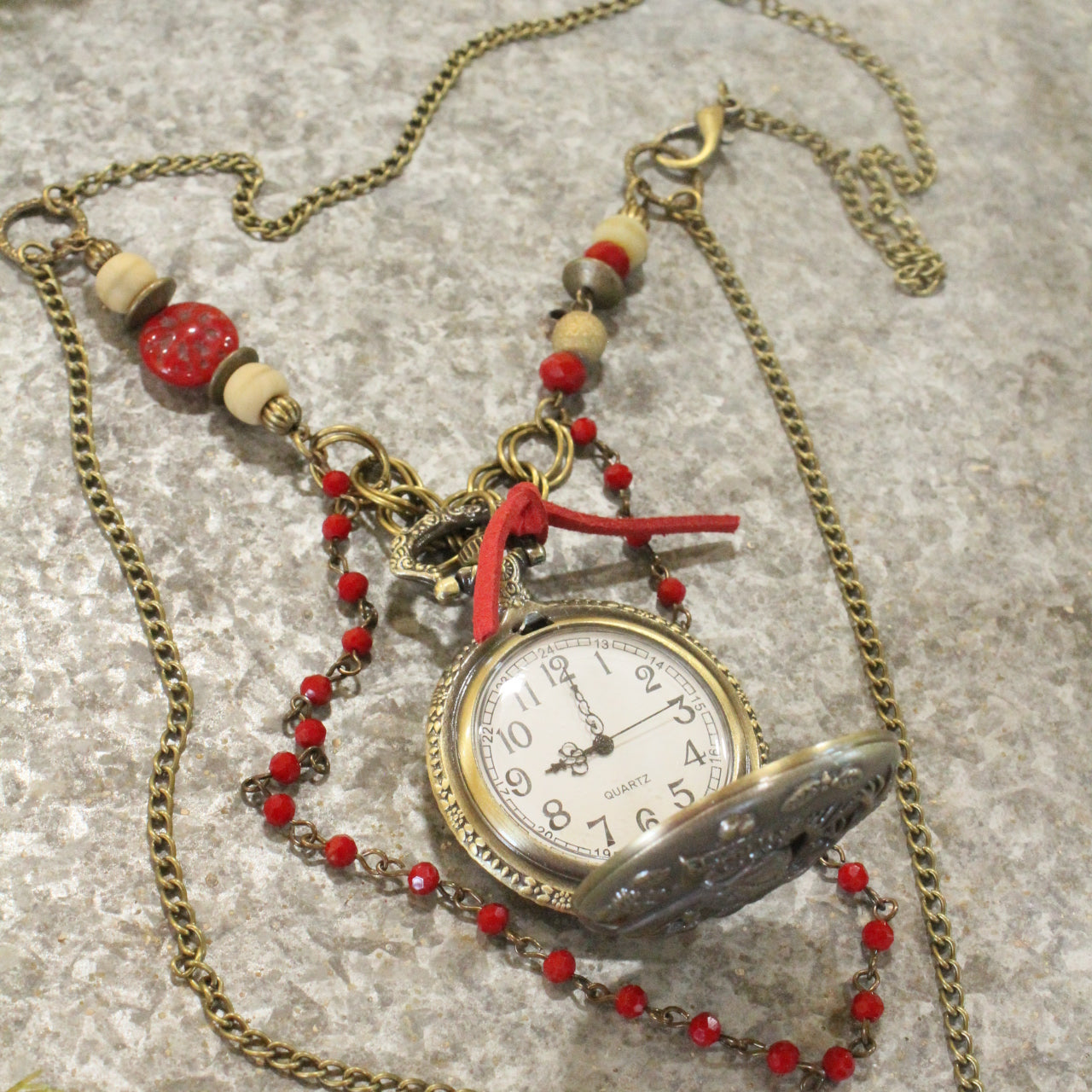 Bronze "Working" Pocket Watch Santa & His Deer Layered Pendant Necklace