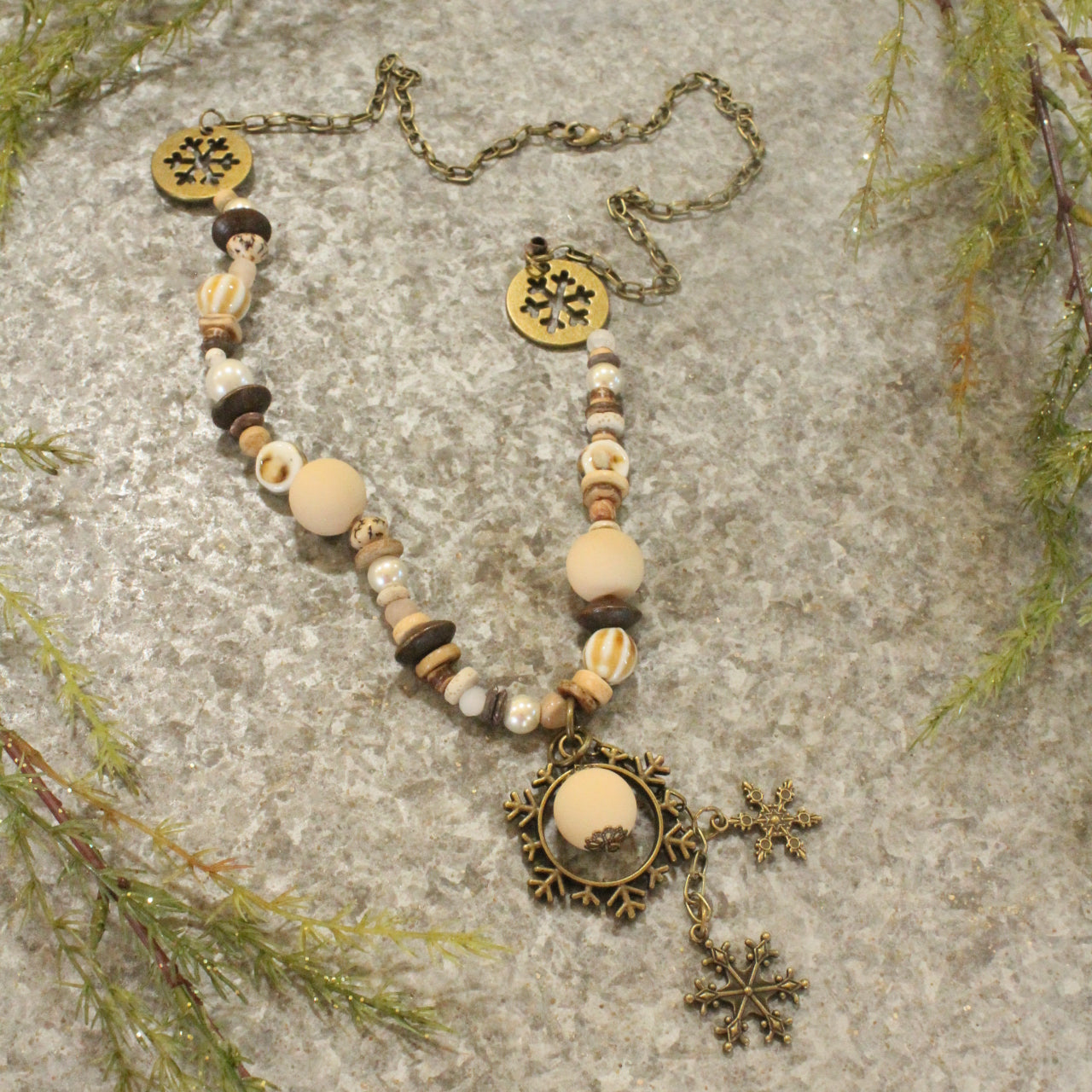 Bronze & Neutral Stones Snowflake Pendant Necklace