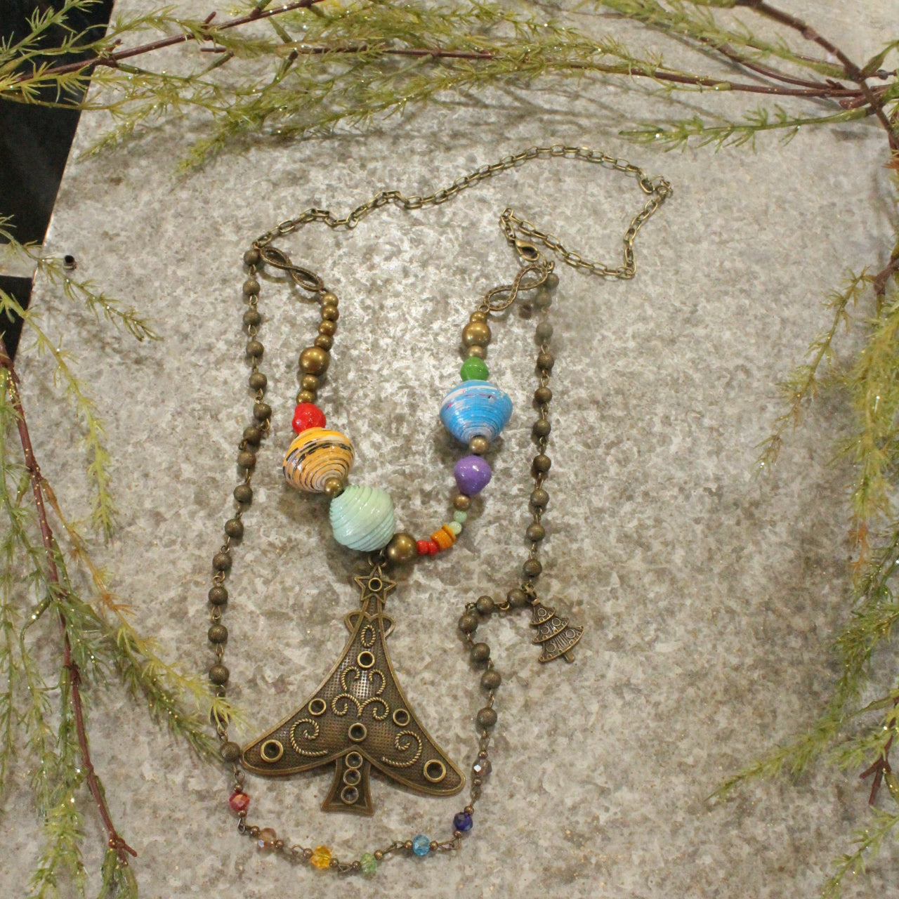 Recycled Paper Beads & Bronze Tree Layered Pendant Necklace