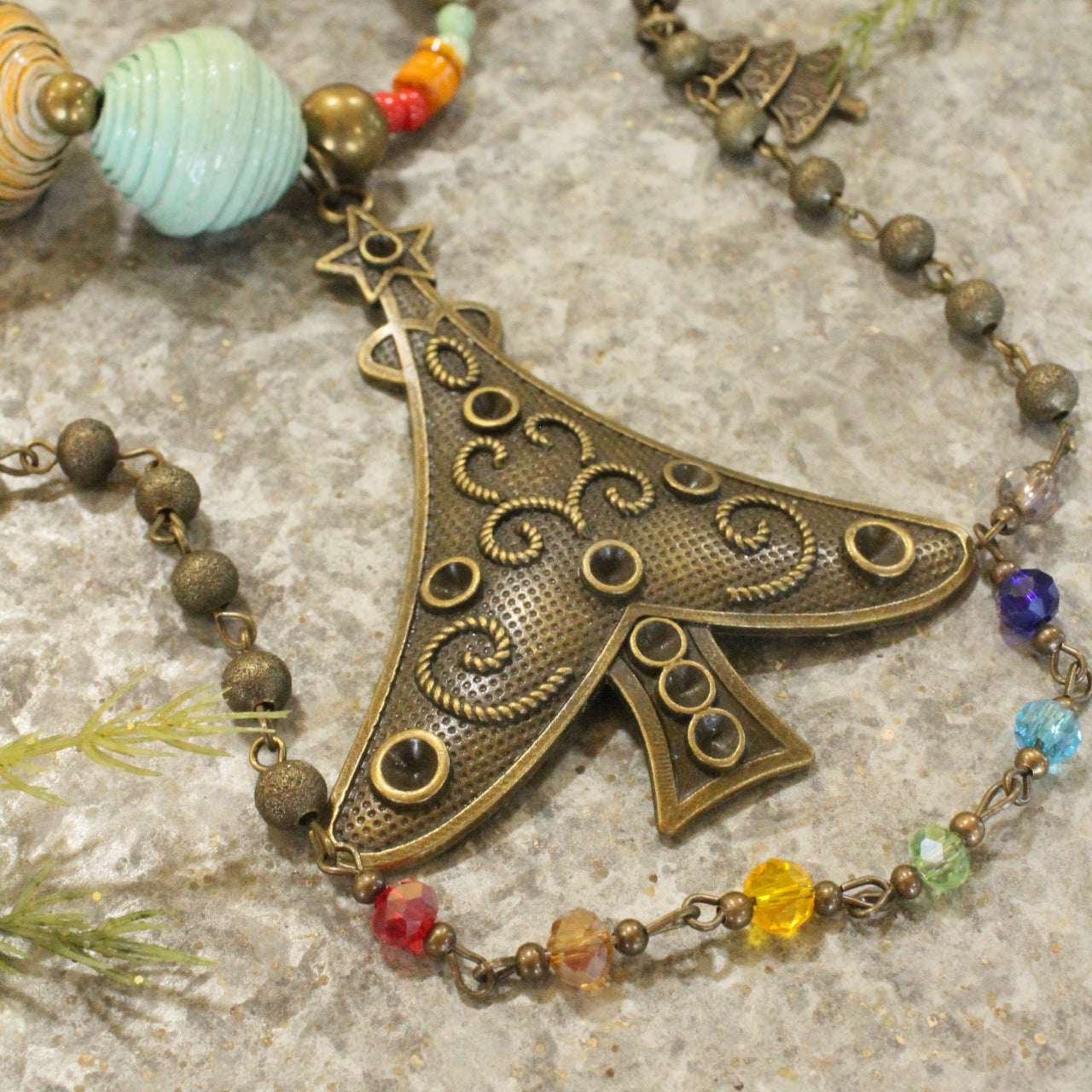 Recycled Paper Beads & Bronze Tree Layered Pendant Necklace