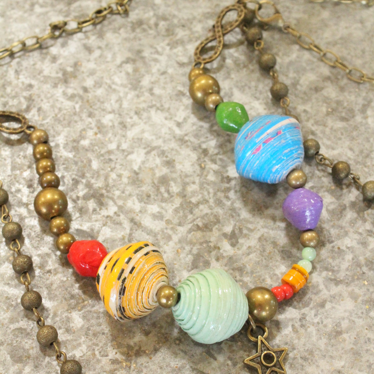 Recycled Paper Beads & Bronze Tree Layered Pendant Necklace