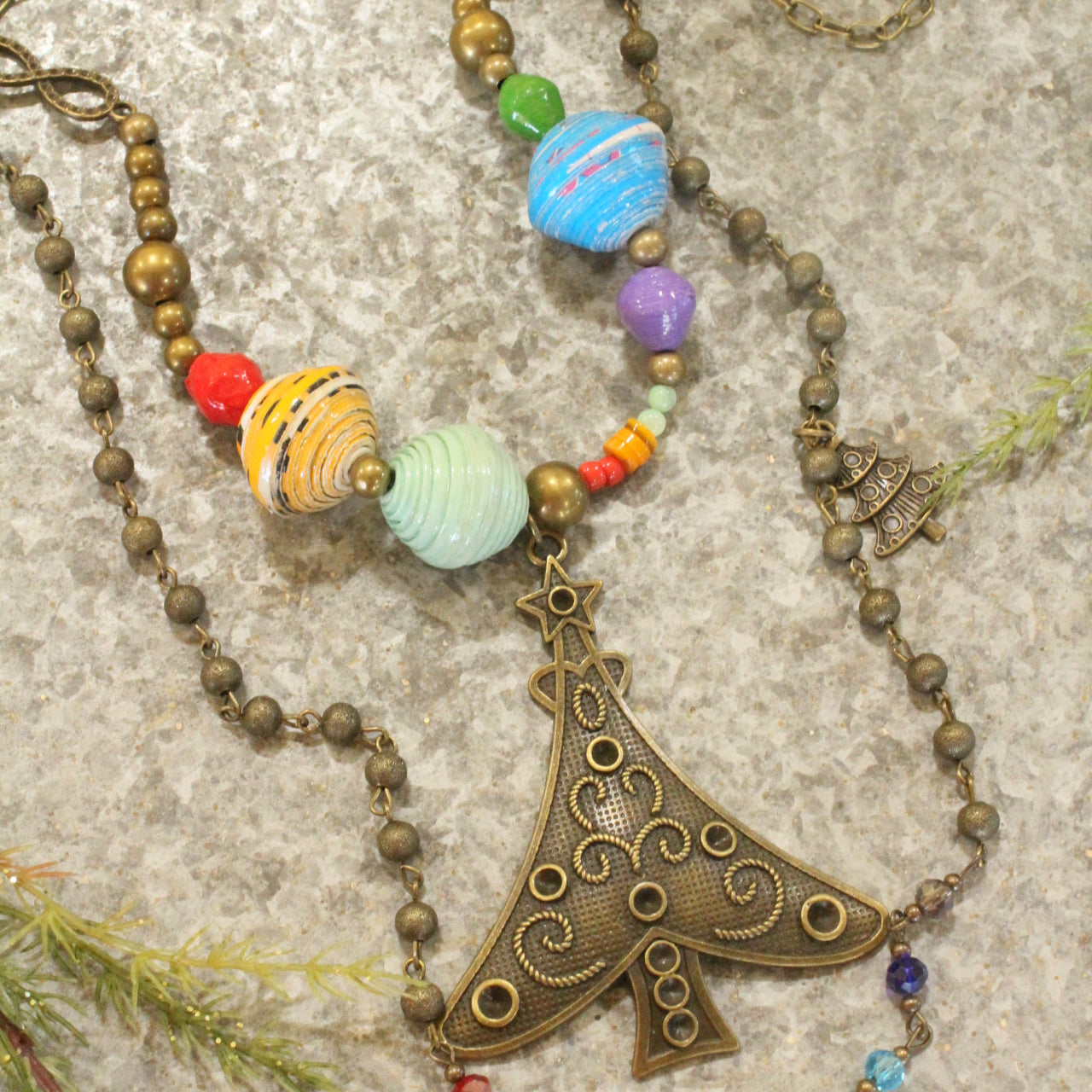 Recycled Paper Beads & Bronze Tree Layered Pendant Necklace