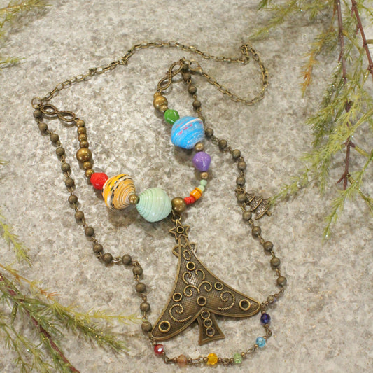 Recycled Paper Beads & Bronze Tree Layered Pendant Necklace