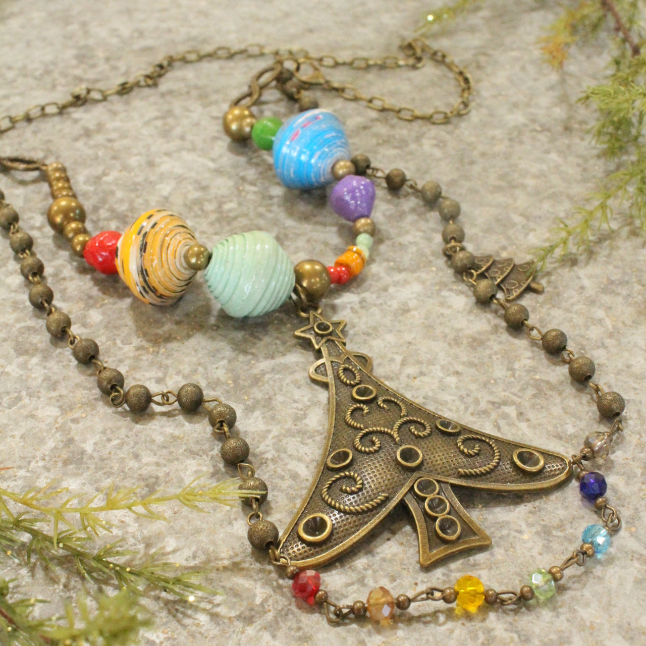 Recycled Paper Beads & Bronze Tree Layered Pendant Necklace