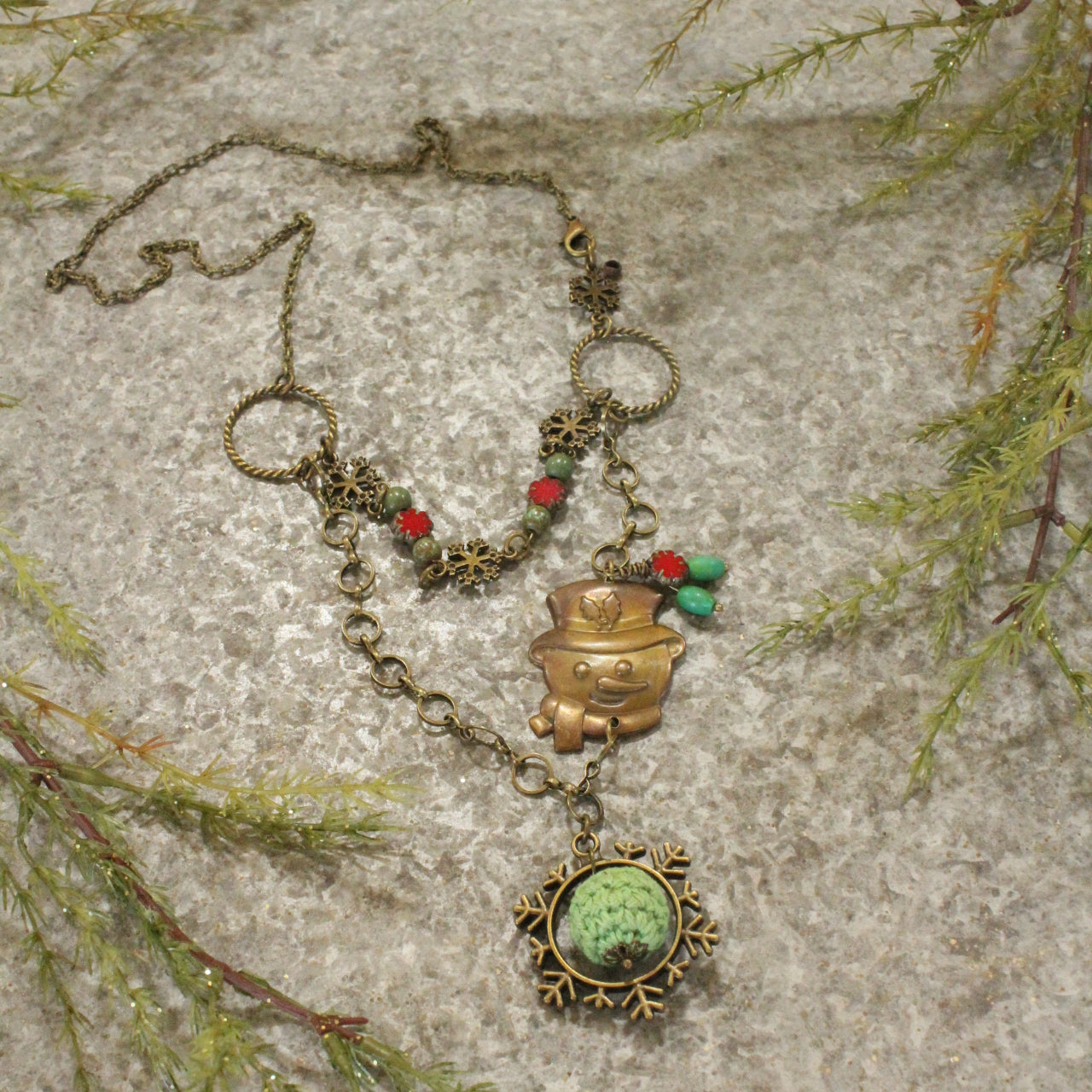 Vintage Snowman Brass Pendant W/Czech Holly Glass Layered Necklace