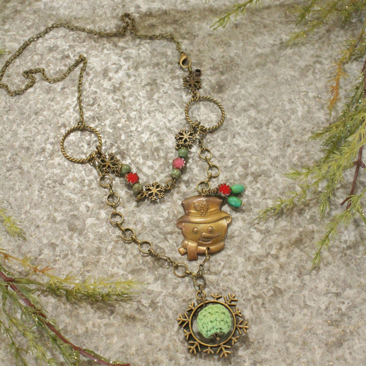 Vintage Snowman Brass Pendant W/Czech Holly Glass Layered Necklace