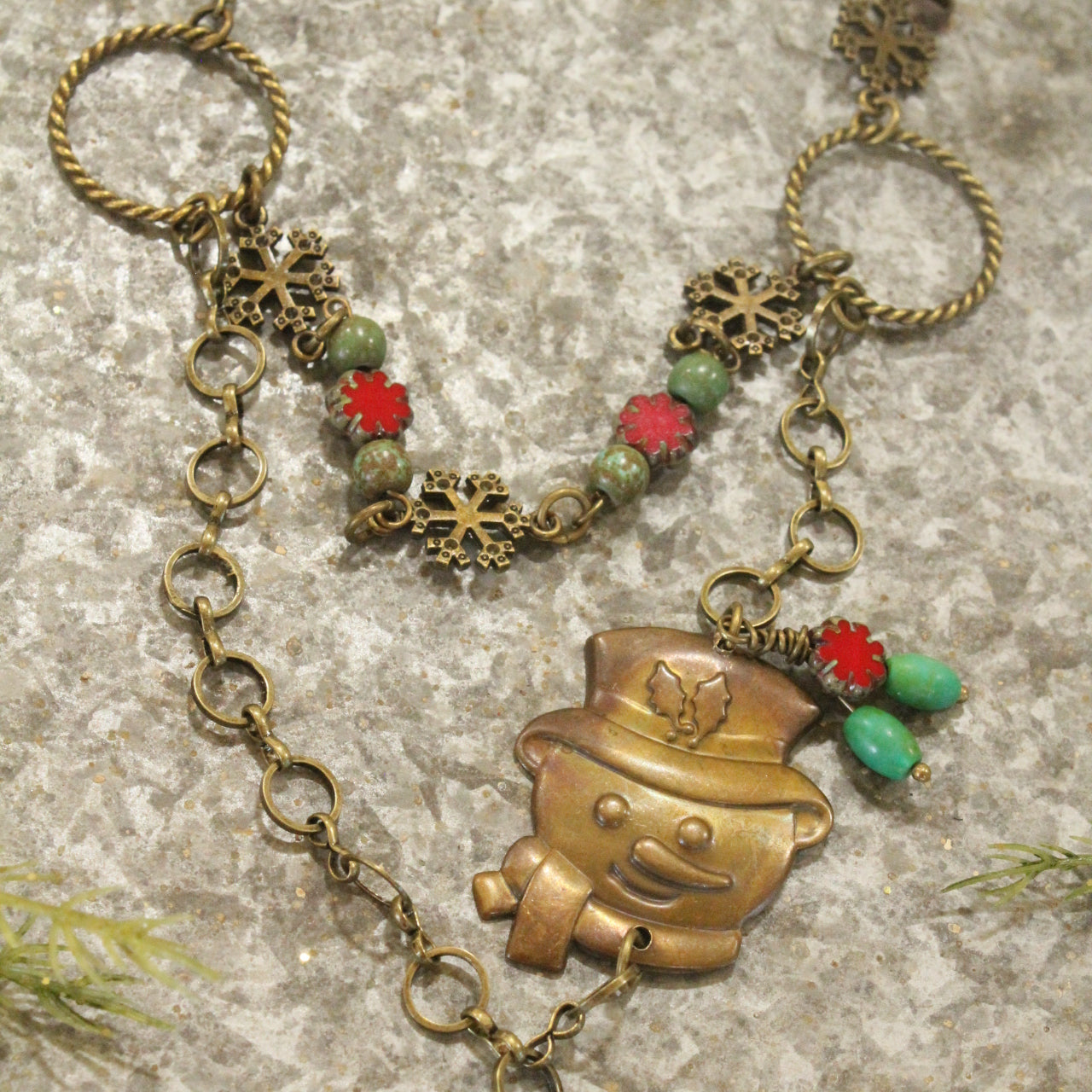 Vintage Snowman Brass Pendant W/Czech Holly Glass Layered Necklace